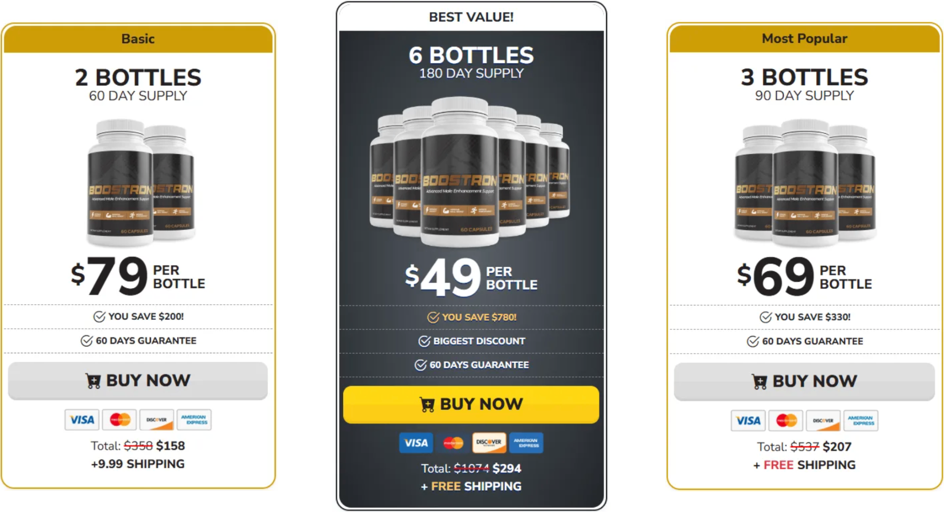 Boostron Male Enhancement pricing packages — 2, 3, and 6 bottle options